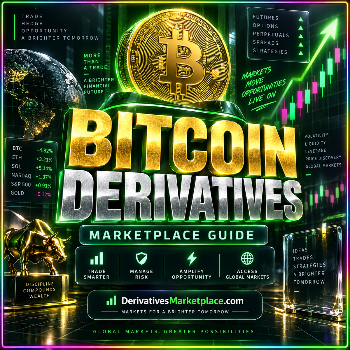 Bitcoin derivatives marketplace social card with gold typography and a bitcoin coin