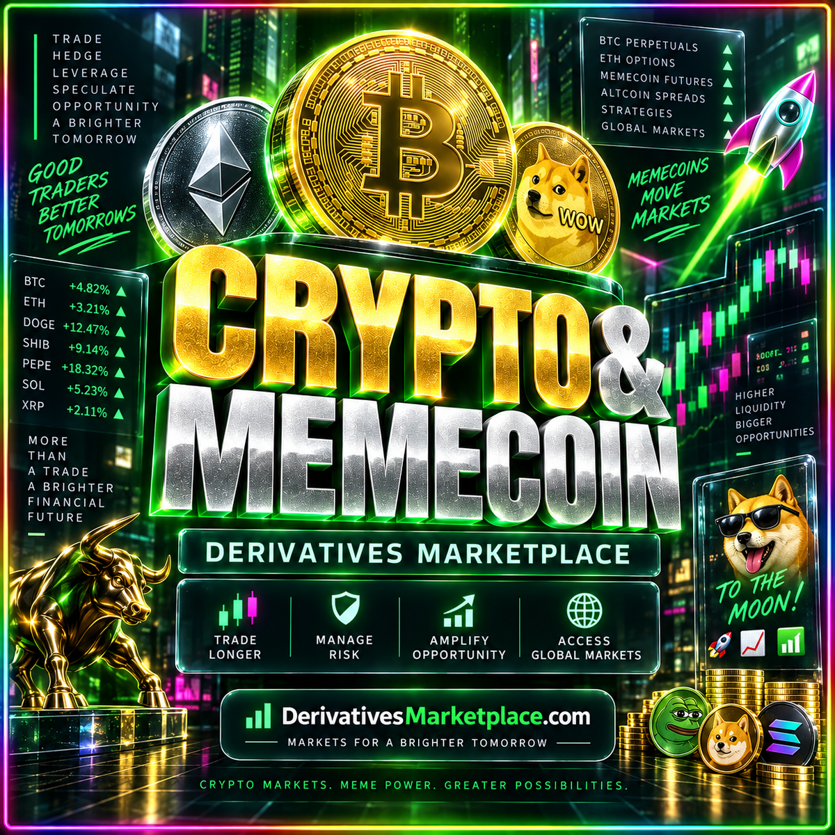 Crypto and memecoin derivatives neon typography with cryptocurrency and meme-token symbols