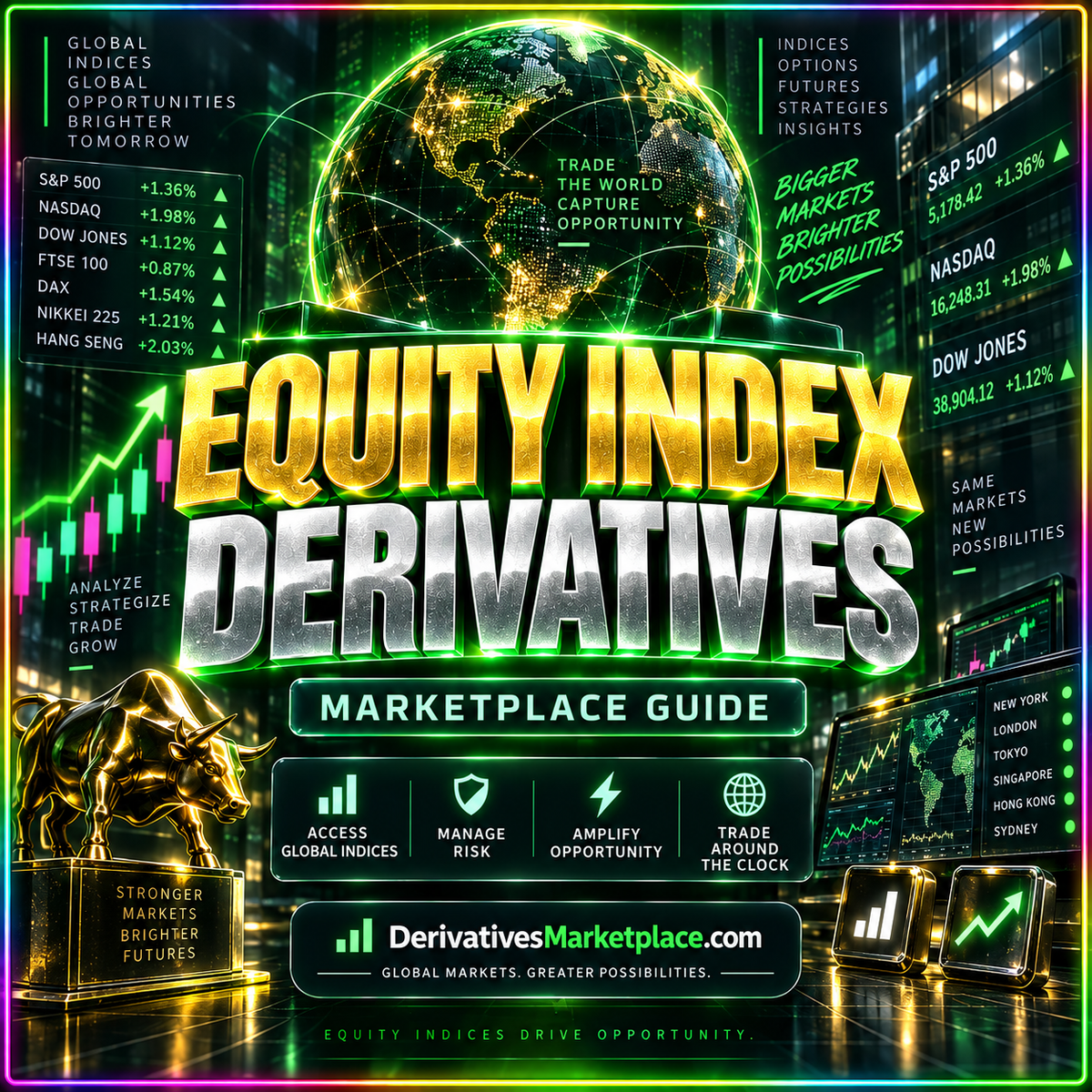Neon equity index derivatives typography with a globe and illustrative stock charts
