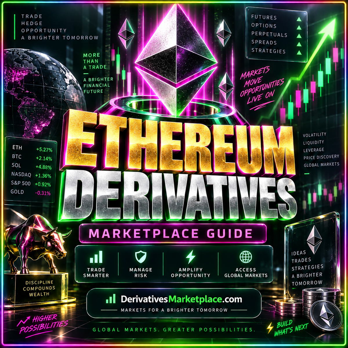 Ethereum derivatives neon typography card with a glowing geometric ether symbol