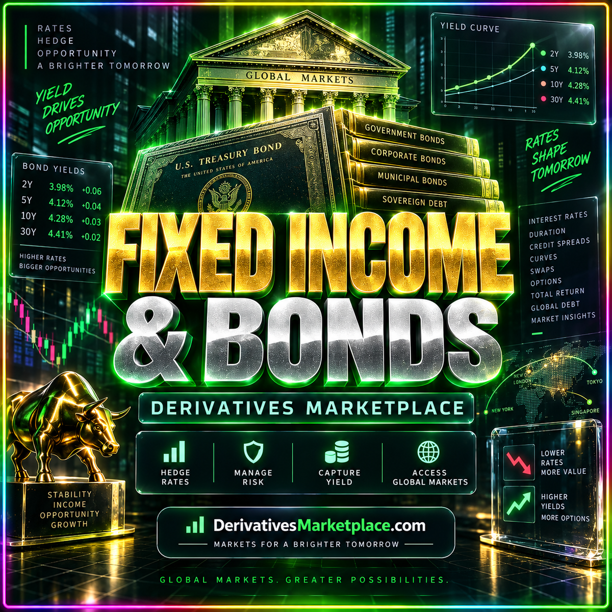 Fixed income and bonds social card with metallic type and an illustrative yield curve