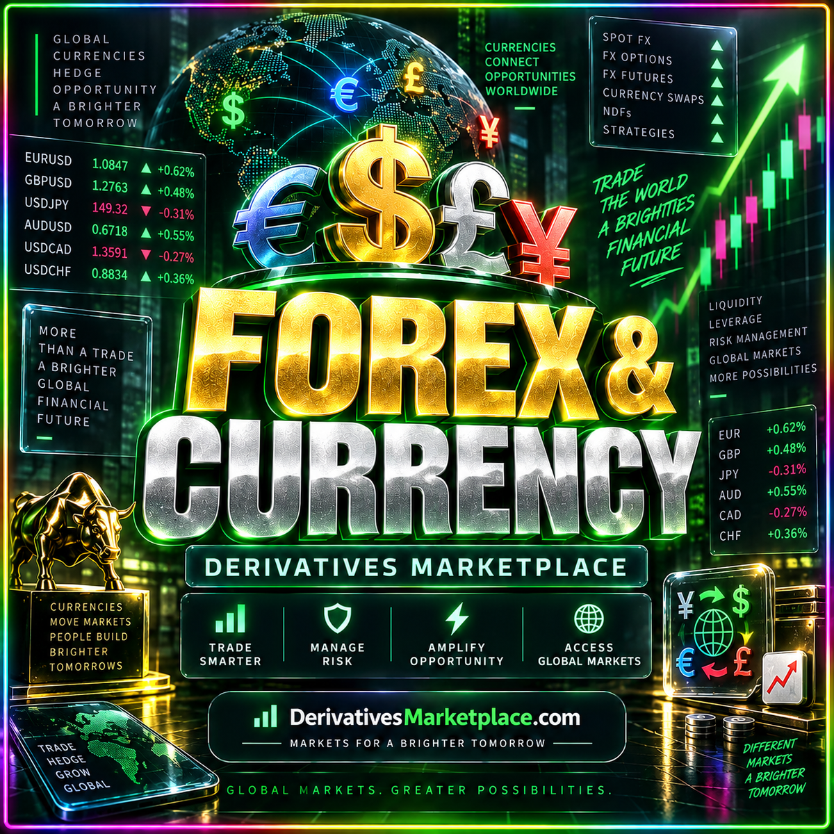 Forex and currency derivatives typography with euro, dollar, pound, and yen symbols