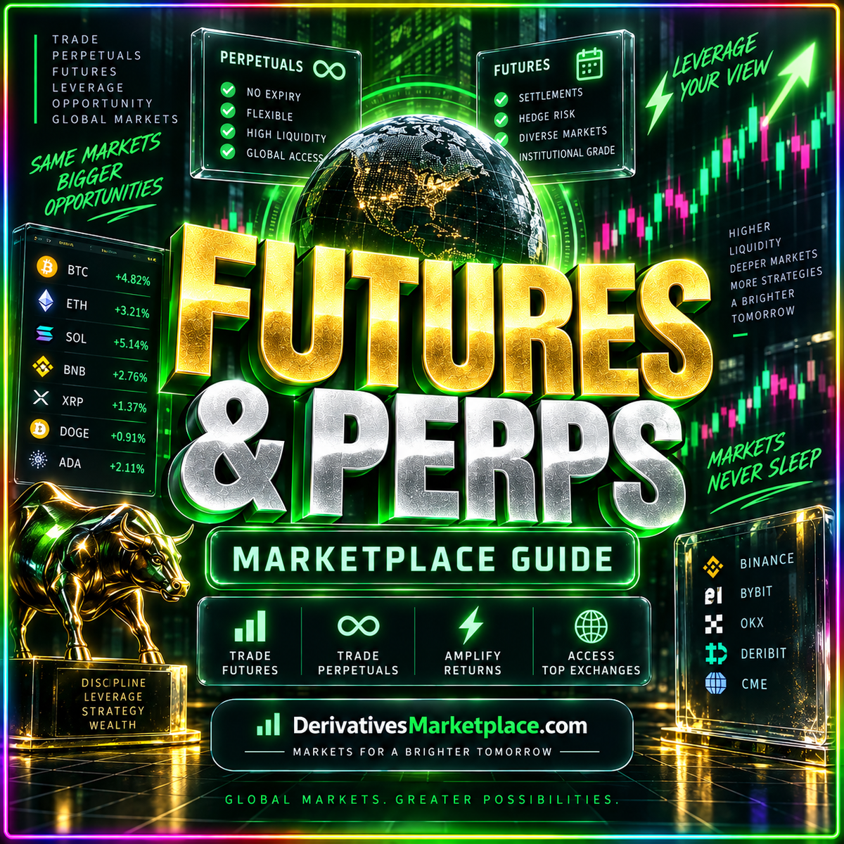 Futures and perps marketplace guide social card with bold gold and silver lettering