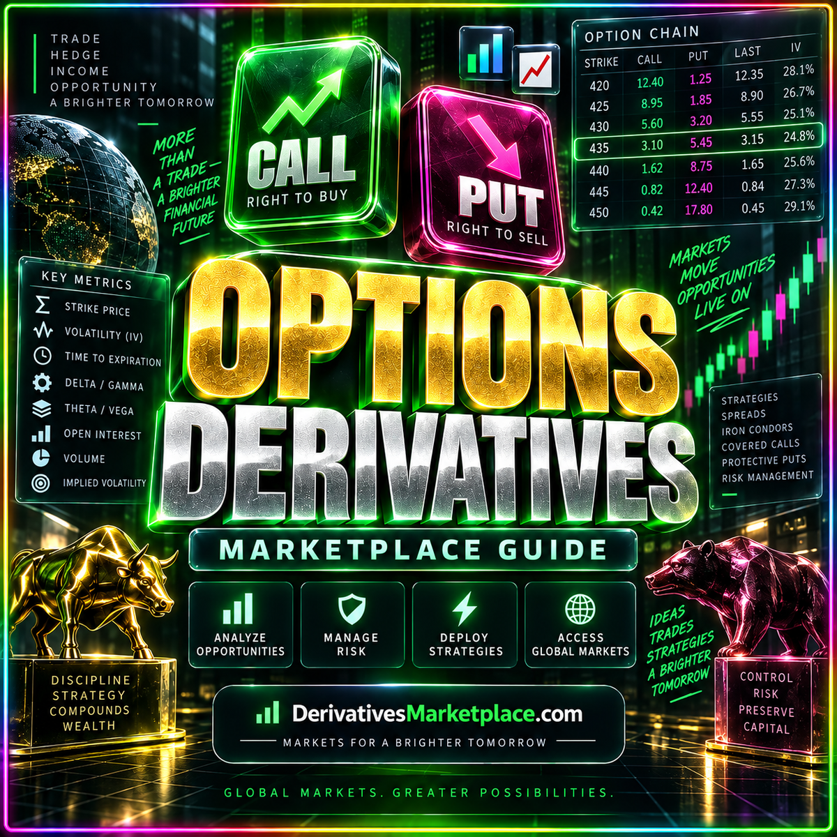 Options derivatives neon social card with call and put tiles and illustrative option data