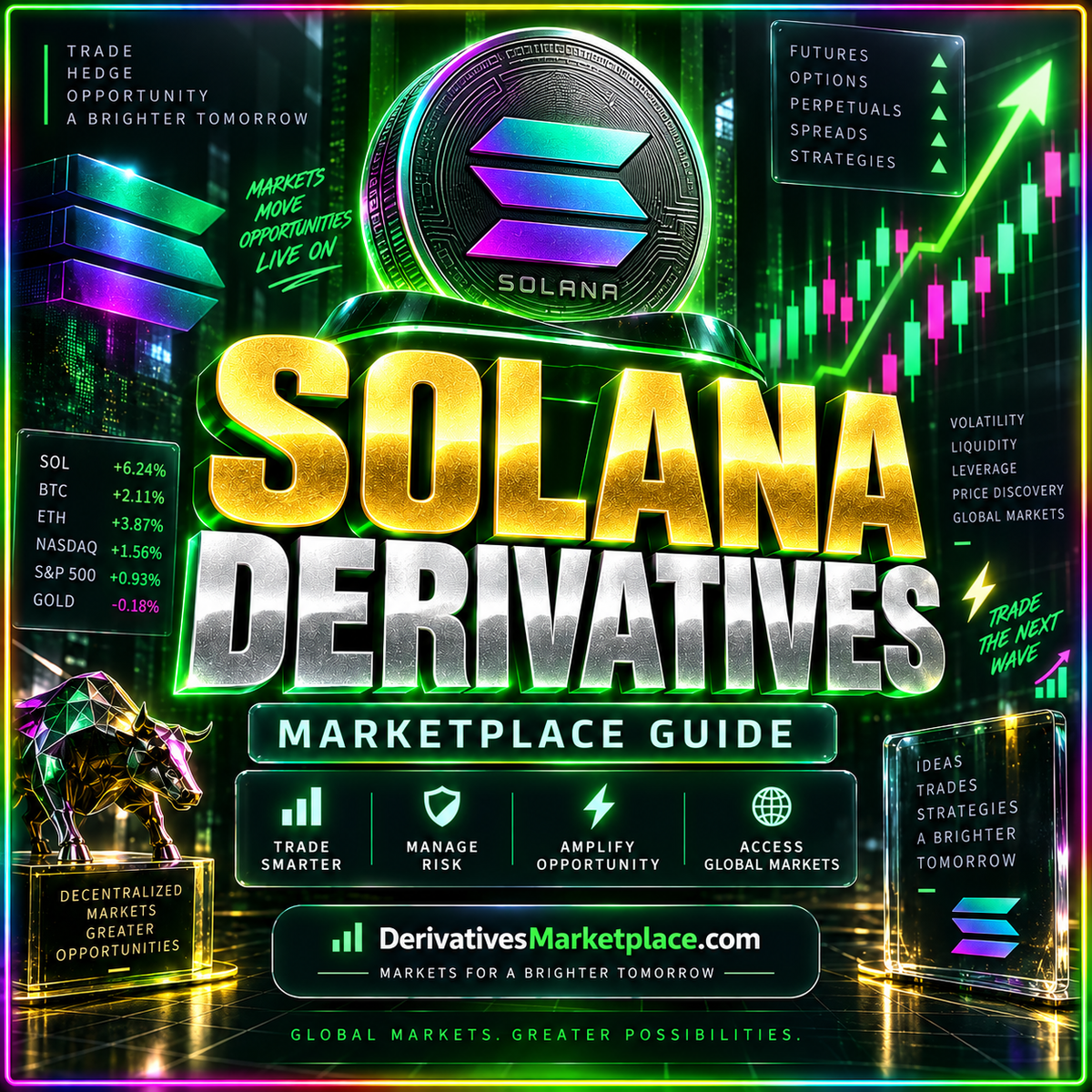Solana derivatives social card with luminous green type and a SOL symbol